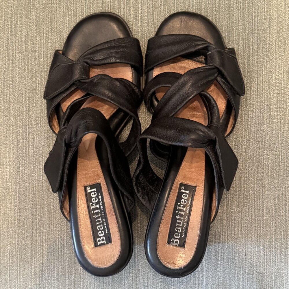 BeautiFeel Tulip Womens Strappy Wedge Womens Size 6.5/37 - Black Soft Leather